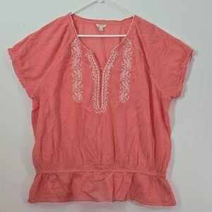 Sonoma Embroidered Boho Peplum Blouse XL Salmon Pink Peach Airy Top 100% Cotton